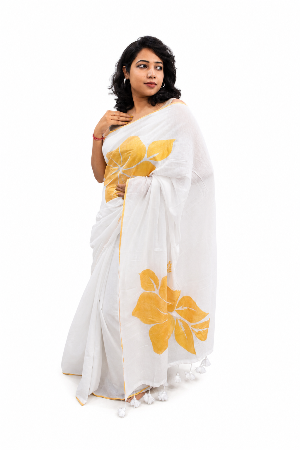 MUL COTTON SAREE HAND PAINTED - WHITE