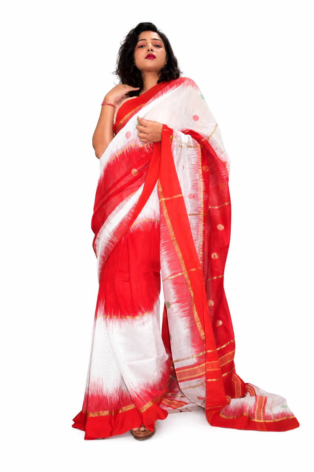 COTTON SILK SAREE - RED AND CREAM